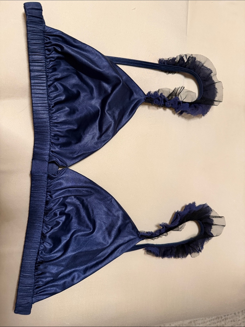 More Noir riffle bikini top Navy Satin Bralette with Sheer Ruffle Straps